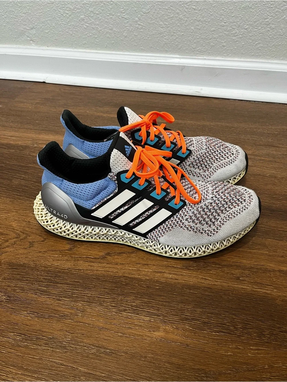 Men’s Adjdas Ultra 4D Blue, Orange and White Tennis Shoes Size 11.5
